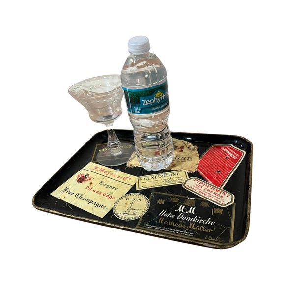Vintage Mid Century French Wine and Liquor Label Decoupage Black Tray Distressed - Picture 2 of 8